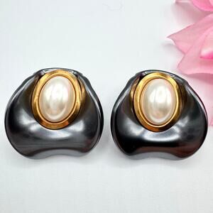 Vintage Chunky Gray Lucite Faux Pearl Huge Earrings Dimensional Haute Couture